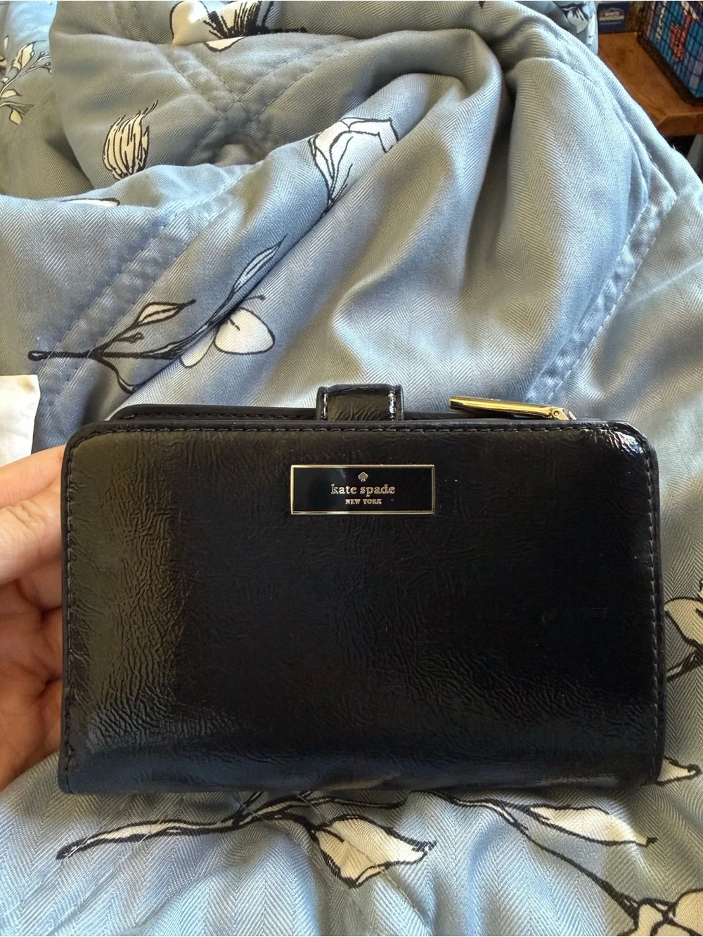 kate spade Black Patent Leather Zip-Around Wallet with Gold Hardware